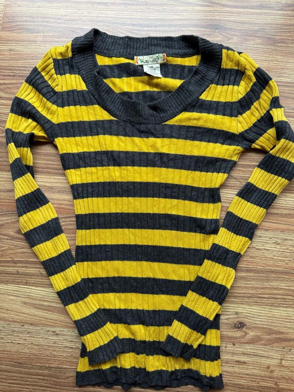 Love Change Women's Yellow and Charcoal Gray Striped Ribbed Knit Scoop Neck Long